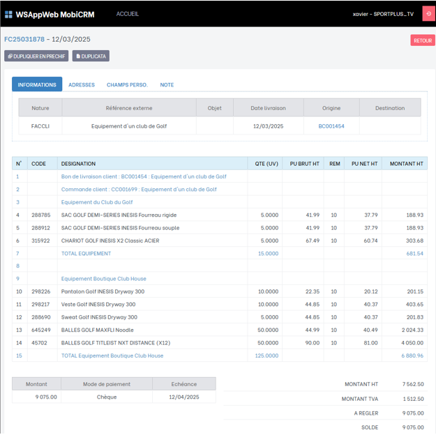 WSAppWeb MobiCRM facture