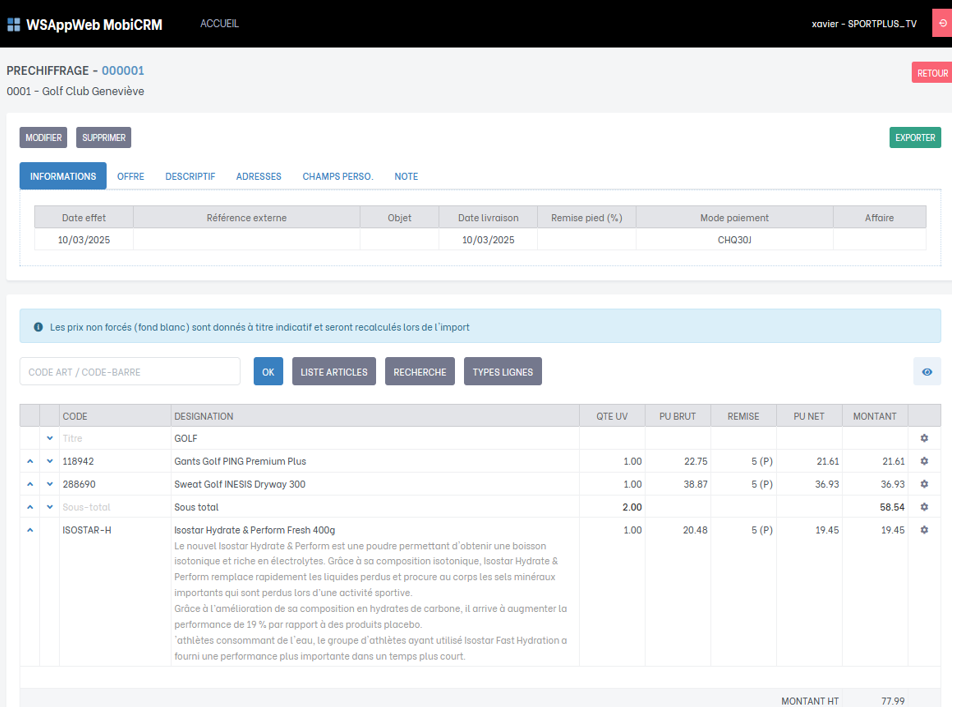 WSAppWeb MobiCRM facture
