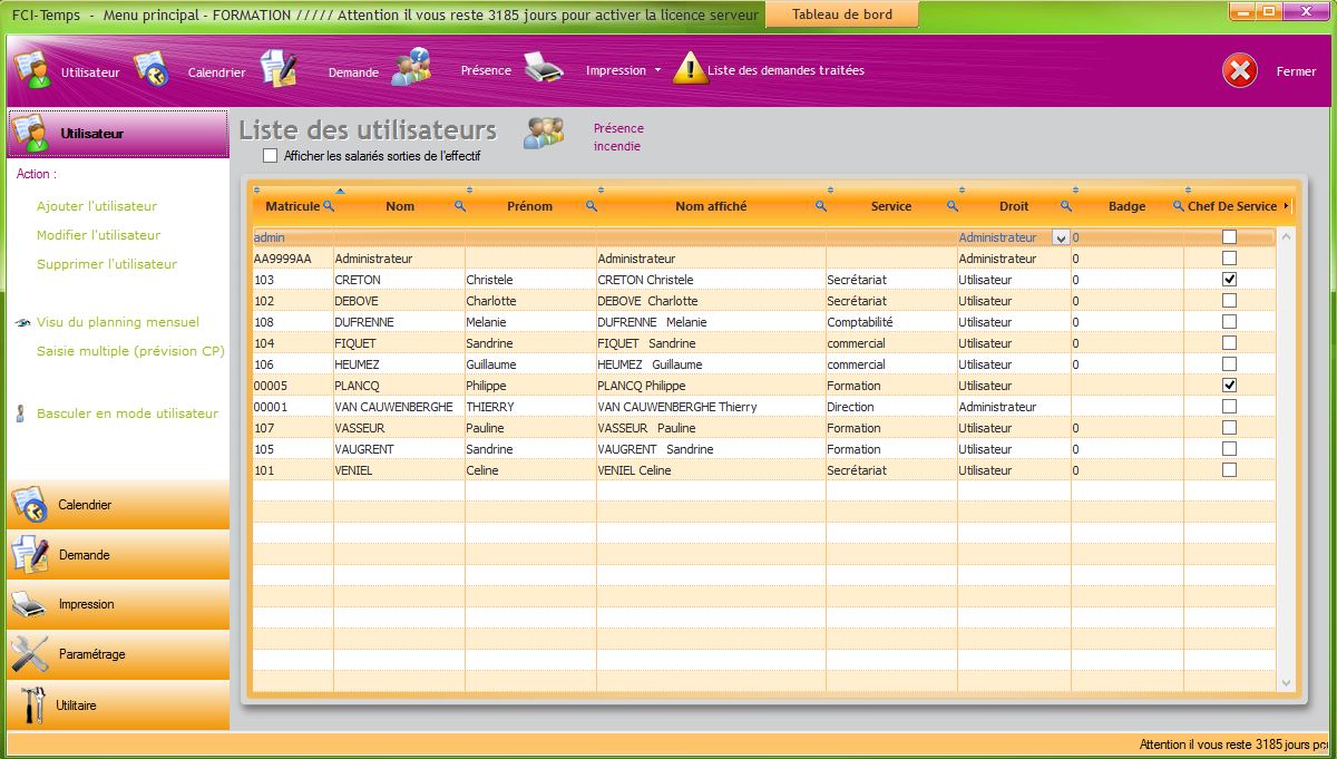 Logiciel de gestion des temps FCI Temps: Liste des salariés