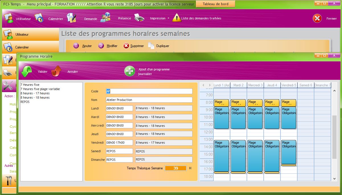 FCI Temps Programme horaire hebdomadaire